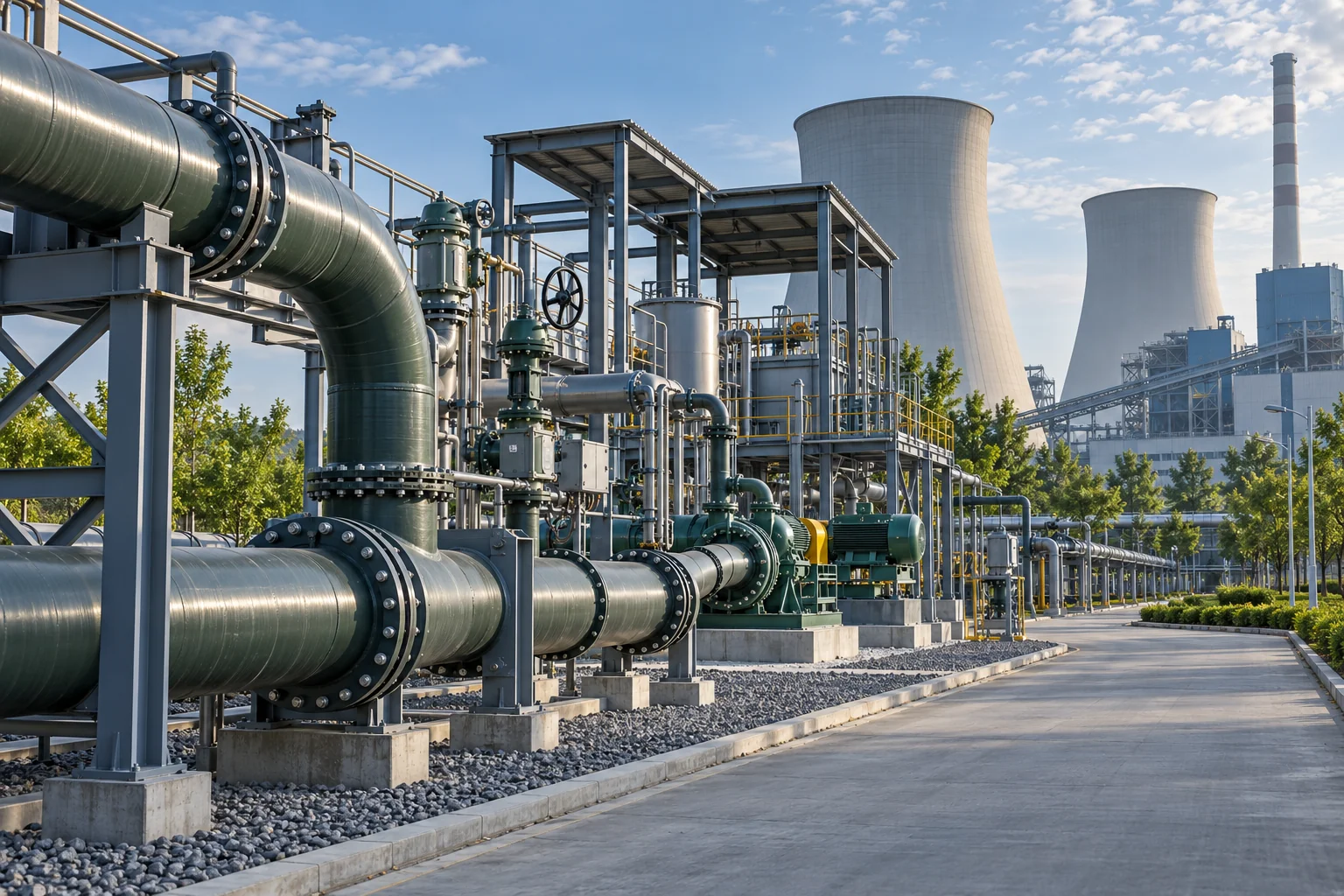 Illustrative visualization of industrial pipelines and a pumping station associated with thermal power plant slurry transport
