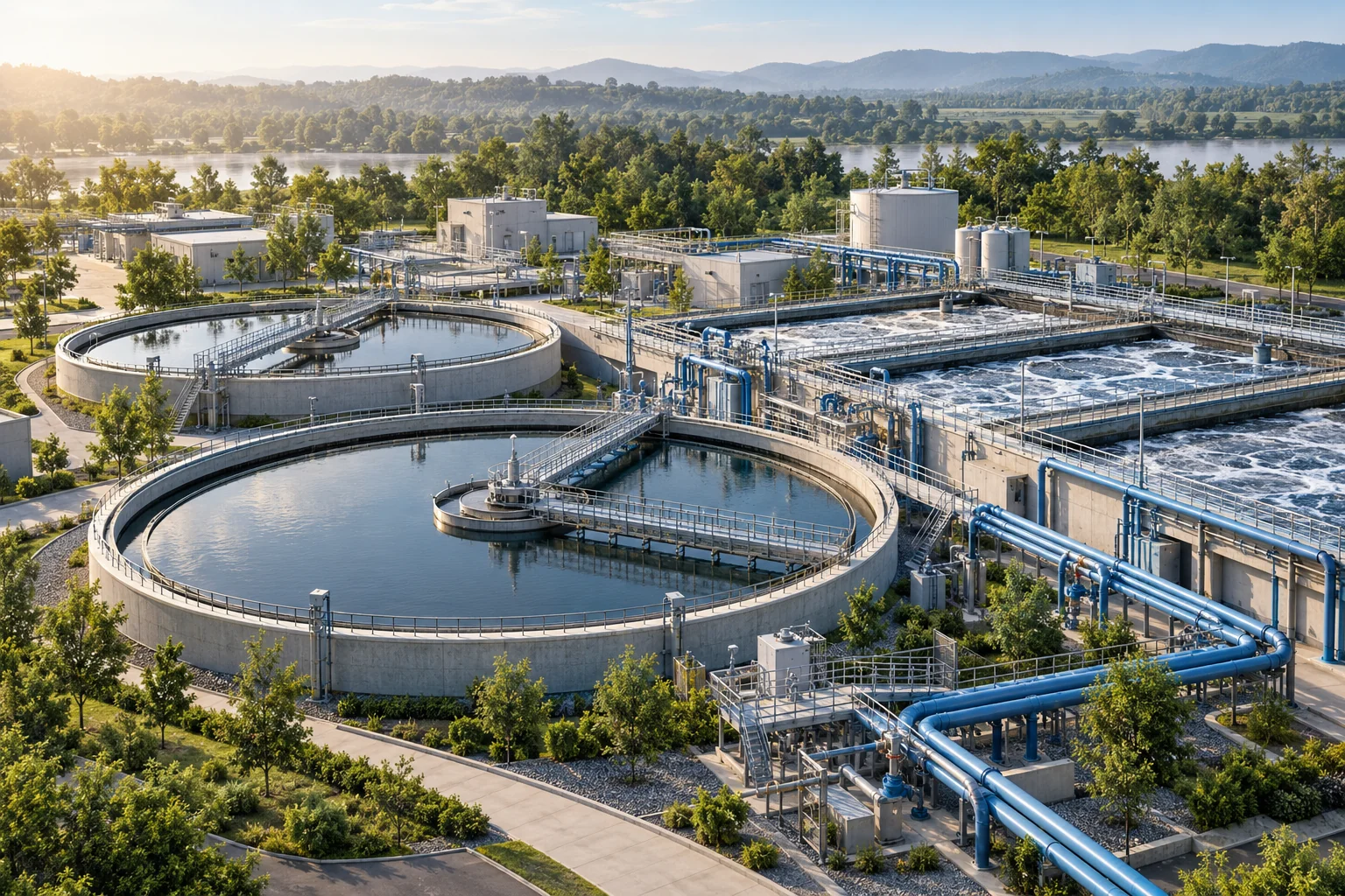 Illustrative aerial visualization of an industrial wastewater treatment facility with clarifiers and aeration basins